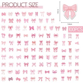 LunarCharm Pack of 100 Pink Ribbon Stickers, Vintage Aesthetic Stickers, Vinyl Waterproof Pink Bows Stickers, for Water Bottle, Laptop, Phone, Journal