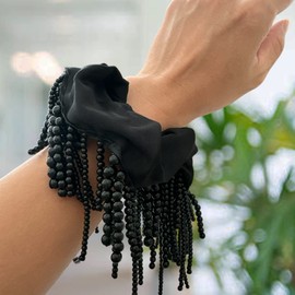 Satin Black Scrunchie Decorative Bead Tassels Large Hair Tie Accessory Woman Girl