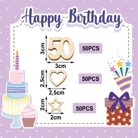 ParPix Pack of 150 Wooden 50th Birthday Decoration Confetti, Wooden Heart Star Confetti Decoration 50th Birthday Decoration, 3 cm Confetti Decoration 50th Birthday Woman Man, Table Decoration 50th