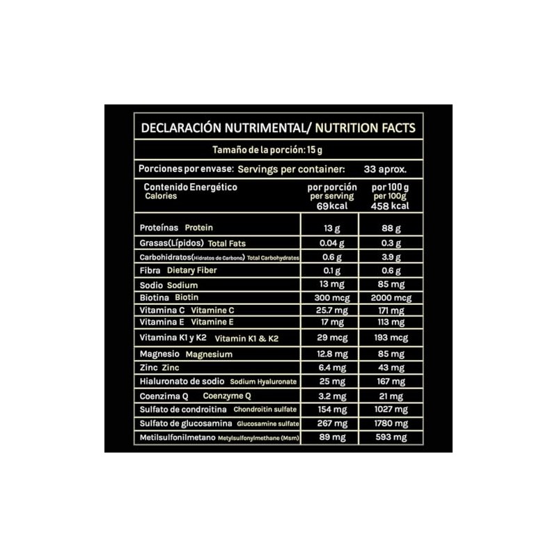 Colágeno Hidrolizado Bovino 500g Porciones Ácido Hialurónico Biotina Magnesio Vitamina