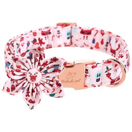 Babole Pet Christmas Girl Dog Collar Flower Tie,Pink Elk Santa Claus Female Dog Collar with Safety Metal Buckle Adjustable Puppy Floral Collars for Small Medium Large Dog,Large, Neck 16"-24"