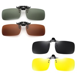 BRIIKPP Polarized Sunglasses, Clip-on UV400, UV Protection, Ultra Lightweight, Flip-up Type, For Bicycling, Fishing, Outdoors, Driving, Night, Daytime, Unisex, 4 Colors, 4 Pieces, Yellow + Brown +