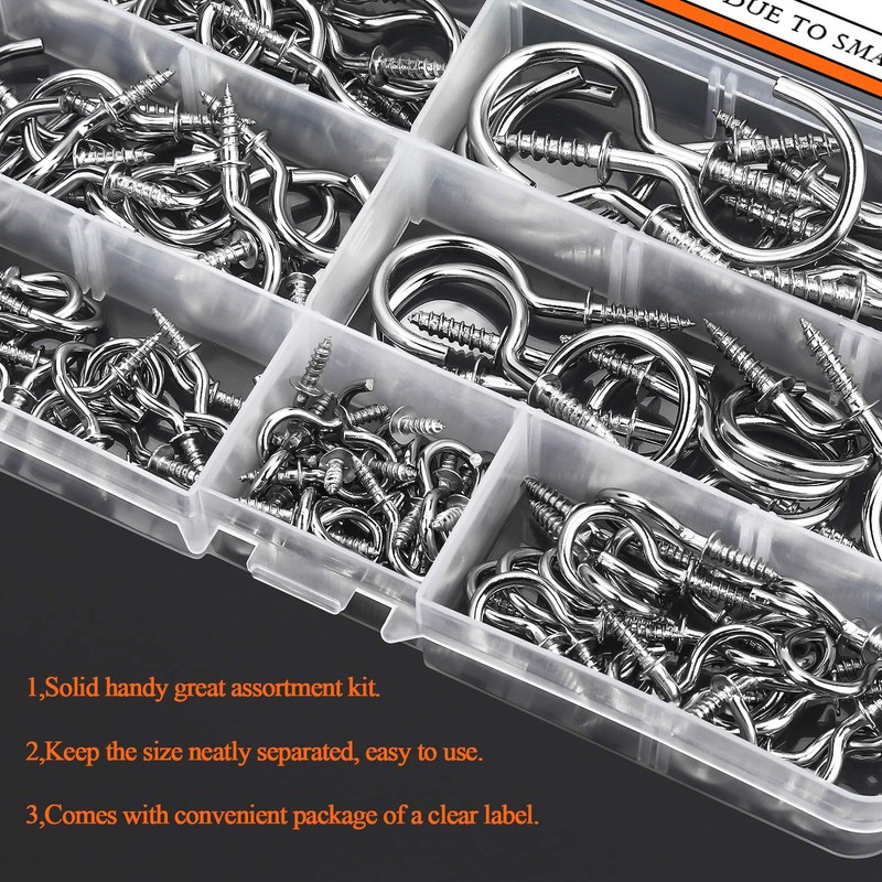 HELIFOUNER 120 Pieces 7 Sizes Cup Screw Hooks, Silver, Screw-in
