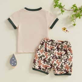 Brvxia Toddler Baby Boy Summer Clothes Duck Print Short Sleeves T-Shirt Elastic Camouflage Shorts 2 Piece Outfit (Khaki, 6-12 Months)