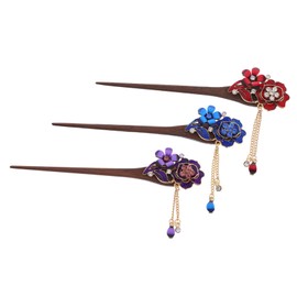 BIUDECO Traditional Ethnic Style Hairpin Set Pcs Wooden Hair Bun Stick Crystal Flower Hairpin for Women's Fashion