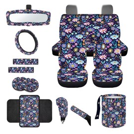 Wanyint Hippie Flower Lotus 14 PCS Car Seat Covers Set for Women, with Steering Wheel, Seat Belt, Trash Bin, Rear View Mirror, Car Armrest Cushion, Gear Shift Knob Cover