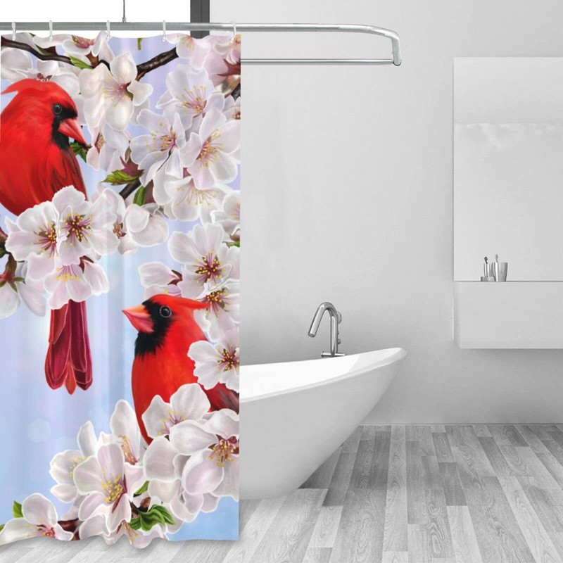 Fiokroo Red Cardinal Birds Cherry Flowers Shower Curtain 60x72in Waterproof