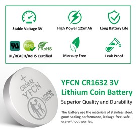 YFCN CR1632 Battery 3V Lithium Battery 10 Count Pack CR1632 Batteries for Car Key Fob, Keyless Remote, Sensors - CR 1632 Coin Cell Batteries - 5 Years Shelf Life