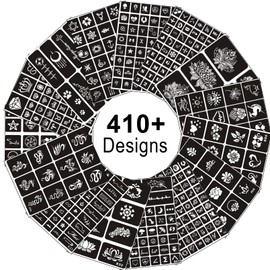 Henna Tattoo Stencils Kit Reusable for Women Girls and Kids, 410+ PCS Tattoo Templates,Temporary Indian Arabian Glitter Airbrush Tattoo Stencil