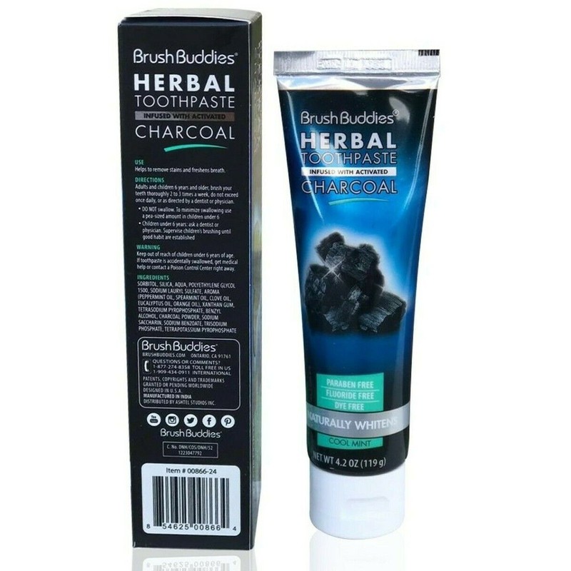 Brush Buddies Herbal Toothpaste with Activated Charcoal Naturally Whitens Mint