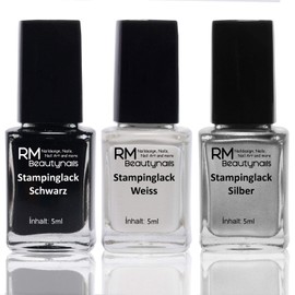 3 x 5 ml stamping varnish, white, black, silver nail polish (pack of 3)