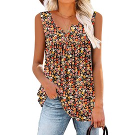 ROSELINLIN Womens Top Sleeveless V Neck Tank Tops Flowy Loose Fit Yellow Red Floral T-Shirts XXL