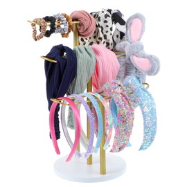 JOUTYFOR Metal Headband Holder, 3-Tier Headband Organizer, Hair Hoop Display Stand with Wooden Base, Hairband Organizer for Women, Bracelets, Bangle, Bedroom Storage Decor