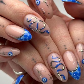 BABALAL Press on Nails Almond Medium Fake Nails Blue French Tip Glue on Nails Snake Design Gold Acrylic Nails 24Pcs Y2k Stiletto Stick on Gel Nails Full Cover Manicure False Nails