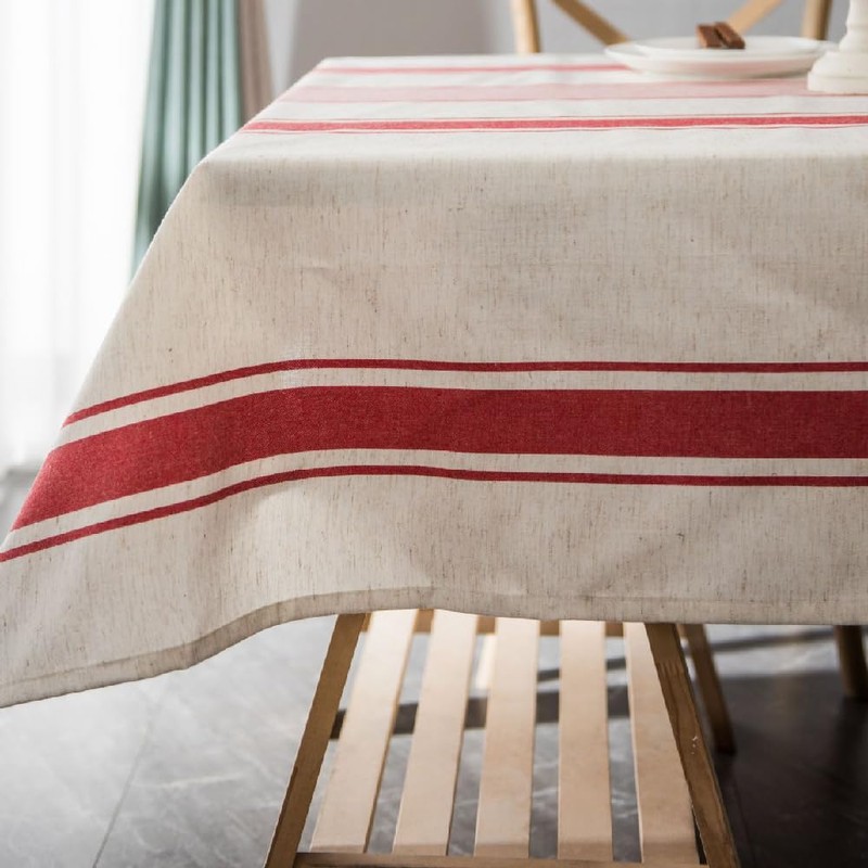 ArtBud White Red Tablecloth Cotton Linen Farmhouse Table Cover Soft