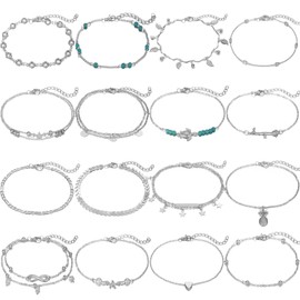 16Pcs Ankle Bracelets for Women Adjustable Anklets for Women Beach Surfer Ankle Bracelet Set Gold Silver Anklets for Women Heart Star Turtle Ankle Chains for Women and Girls (silver)