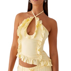 Open Back Halter Tops for Women Bow Tie Back Ruched Ruffle Crop Tops Smocked Y2K Going Out Camisoles (Asymmetrical Yellow, S)