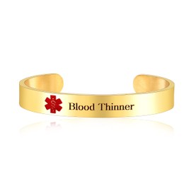 Uloveido Blood Thinner Bracelets Gold Plated Stainless Steel Medical Alert Medical ID Open Cuff Bangle Bracelet for Women Y3021
