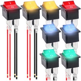 MKBKLLJY 8Pcs Rocker Switch DC 12V 15,AC 15A 250V,AC 20A 125V ON Off 4 Pin 2 Position DPST LED Lighted Boat Rocker Switch for Auto Car Boat RV with Locked Terminal Wires 4Color(Red/Blue/Green/Yellow)