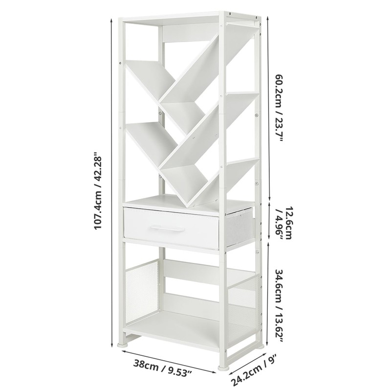 ZEXVIDA Bookshelf with Drawer,8 Tier Tree Bookcase Retro Floor Standing