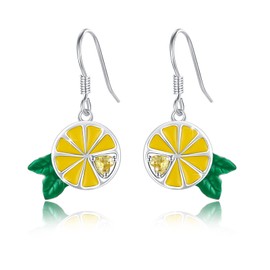 Lemon Earrings 925 Sterling Silver Fruit Earrings Cute Lemon Jewellery Summer Holiday Lemon Slices Gifts for Girls Women, Sterling Silver, Cubic Zirconia