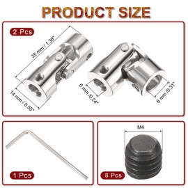 sourcing map 2Pcs 6mm to 8mm ID Steering Universal Joint Shaft Coupling,L35XD14 Metal 45°Degree Rotatable Joints Coupler with Screws Wrench Set for Model Car Ship Drive Shaft Motor Connection