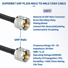 Superbat CB Coax Cable, RG8x Coaxial Cable 20ft UHF PL259 Male to Male Low Loss CB Antenna Cable 50 Ohm for HAM Radio, Antenna Analyzer, Dummy Load, SWR Meter, Black