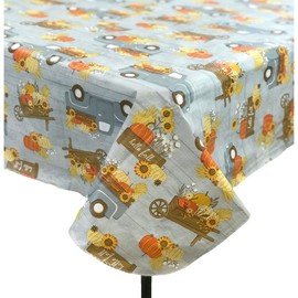 Fall Flannel Back Vinyl Tablecloth: Modern Farmhouse Gray Farm Trucks with Colorful Pumpkins Autumn Flowers Wheat