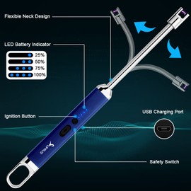 SUPRUS - Encendedor eléctrico recargable USB con interruptor de seguridad de 360° con cuello flexible sin llama para velas, camping, cocina (azul oscuro)