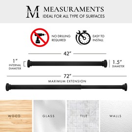 MERIVILLE 1-inch Diameter Metal Spring Tension Rod, Closet Rod, Tension Curtain Rod, Shower Curtain Rod, Adjustable Length 42-inch to 72-inch, Black