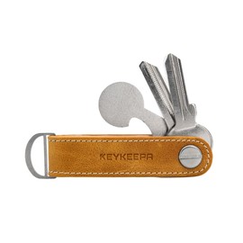 KEYKEEPA® - Loop - Elegant leather key organiser for up to 7 keys - includes shopping trolley token + eyelet for the car key - key organiser "Made in Germany", Squash Yellow, S