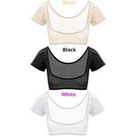LOVCUIIO Womens 3 Pack Low Cut Crop Tops Short Sleeve See Through Sheer Mesh Crop Undershirts, Low-cut Neck Stretch Fitted Tops, Sweatproof with Sweat Pads, Size Large