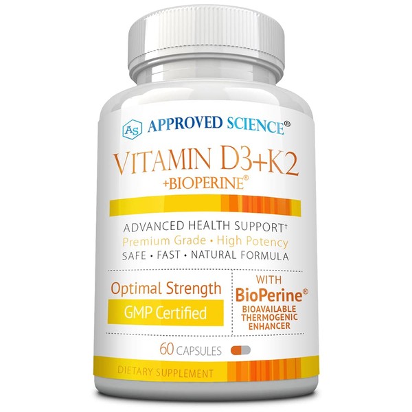 Approved Science Vitamin D3+K2 - Supports Optimal Bone Health and Immune Health - Vitamin D3 125 mcg, Vitamin K2 180 mcg - 60 Capsules - Made in The USA