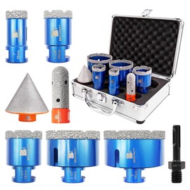 Diamond Core Drill Bit Set for Porcelain Porcelain Tile Ceramic Marble Brick Concrete Vacuum Brazed Hole Saw (25/35/45/65/75mm+4/5" Finger Bits+2" Beveling Chamfer Bit)