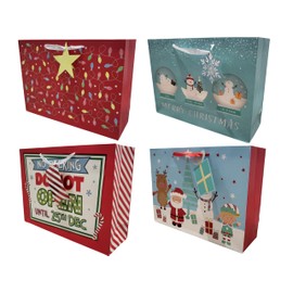 Assorted Medium Christmas Bags With Name Tags Multi Pack, 4 Different Christmas Designs, Reusable Christmas Bags, Christmas Party Bags, Xmas Gift Bag, 37.5 cm x 12 cm x 27.5 cm (4)