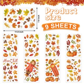 9 Sheets Fall Scarecrow Window Clings Thanksgiving Pumpkin Maple Leaves Window Decals Double-Sided Fall Leaves Scarecrow Windows Clings for Autumn Harvest Thanksgiving School Office Home Glass Decor