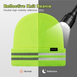 Wmcaps Men's Hat with Reflective Stripes, Unisex Stretch Beanie with Envelope, Windproof Outdoor Winter Hat for Women, Winter Warm Running Hat Gifts for Him or Her, Fluorescent yellow