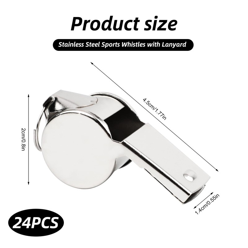 Sopoloray 24 Pack Stainless Steel Whistles with Lanyards,Professional Loud Referee