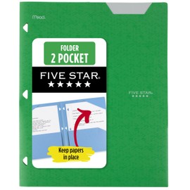 Five Star 2-Pocket Folder, Plastic Folder with Stay-Put Tabs, Fits 3-Ring Binder, Holds 8-1/2" x 11" Paper, Forest Green (333420E-ECM)
