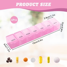 Pack of 6 7 Day Pill Box, 7 Compartments, Travel Tablet Box, Transparent Tablet Dispenser for Medication, 3 Colours, Portable Pill Organiser, Handy Tablet Box for Vitamins Fish Oil