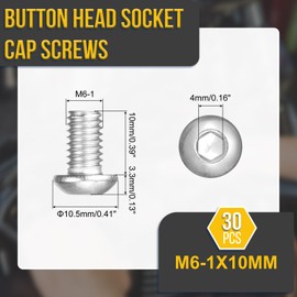 DTGN M6-1x10mm Button Head Socket Cap Screws - 30Pack - Good for Road Bicycle, Mountain Bike, Auto, Motorcycle - 304 Stainless Steel Whitewashed - Hex Drive Fasteners