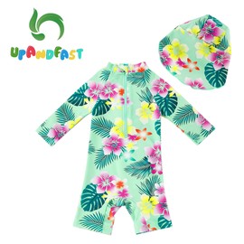 upandfast Baby Girls One Piece Swimwear Suits with Sun Hat Infant Swimsuits UPF 50+ Sun Protection (Green Flower, 9-12 Months)