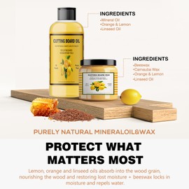 Cutting Board Oil (3.5oz) and Cutting Board Wax (3.5oz) Set - Enriched with Lemon and Orange Oils - 100% Natural Butcher Block Oil and Cutting Board Wax - for Wood Butcher Blocks, Wooden Bowls