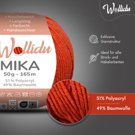 Wollidu Mika 51% Polyacrylic, 49% Cotton for Crochet and Knitting, 10 x 50 g/165 m, Oeko-Tex Knitting Yarn, Crochet Yarn - Autumn Red