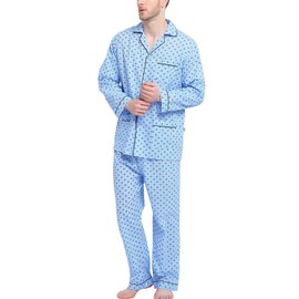 GLOBAL Men 100% Cotton Pajamas Set Button Down Pjs Long Sleeve Pajamas for Men Drawstring Elastic Waistband Pants Soft Comfy Sleepwear
