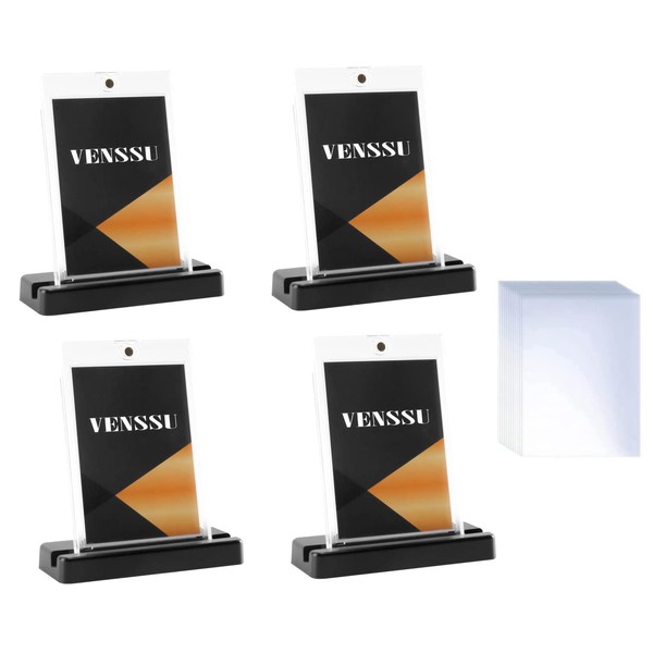 Magnetic Loader, Card Loader with Stand, 35PT, UV Protection, One-Touch Magnetic Holder, Trading Card Case, Protective Seal Included, Set of 4 Loaders + 4 Black Stands