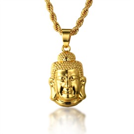 Halukakah "GOLD BLESS ALL" 18k Real Gold Plated 3D Buddha Pendant Necklace.Double-faced,with FREE Rope Chain 30"