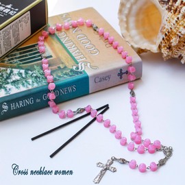 Rosary Prayer Beads Cross Necklace Bracelet First Holy Communion Baptism Christening Decorations Gifts for Girls Boys Women, Pink