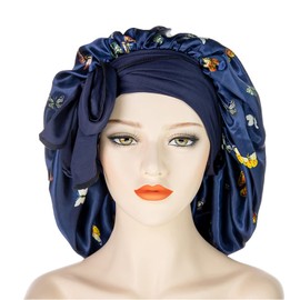 MUFEKUM Hair Bonnet for Sleeping, Printing Satin Bonnet with Stretchy Tie Band Edge Wrap, Wide Band Silk Bonnet Large Night Sleep Cap for Women Girls Hair Care and Sleep (Navy)