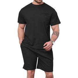 ThusFar Men's Waffle Shirt and Shorts Set 2 Piece Outfits Summer Tracksuits Set with Pockets Athletic Casual Outfits Black 3XL